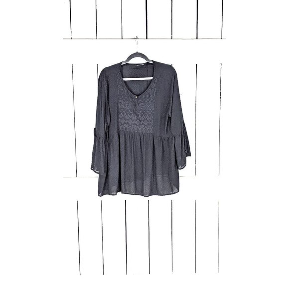 Black bell sleeve embroidered pullover boho blouse - Picture 1 of 4